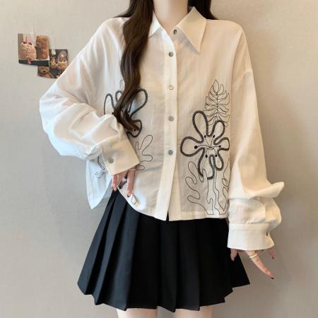 FA56304# 大码春季新款设计感花朵刺绣衬衫女上衣休闲宽松衬衣 服裝批發女裝批發服飾貨源