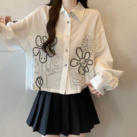 FA56304# 大码春季新款设计感花朵刺绣衬衫女上衣休闲宽松衬衣 服裝批發女裝批發服飾貨源