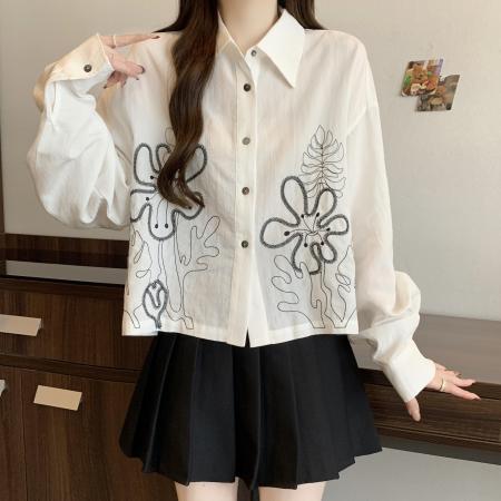 FA56304# 大码春季新款设计感花朵刺绣衬衫女上衣休闲宽松衬衣 服裝批發女裝批發服飾貨源