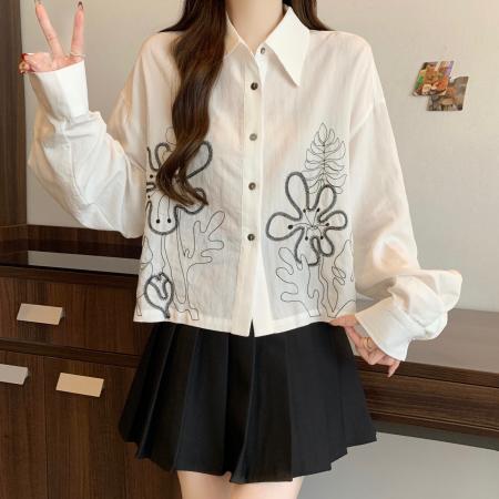 FA56304# 大码春季新款设计感花朵刺绣衬衫女上衣休闲宽松衬衣 服裝批發女裝批發服飾貨源