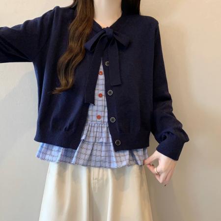 FA56305# 大码套装女miu系春新款蝴蝶结开衫格纹荷叶边吊带上衣两件套 服裝批發女裝批發服飾貨源