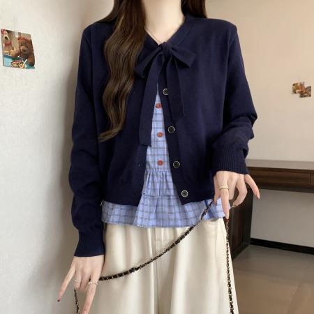 FA56305# 大码套装女miu系春新款蝴蝶结开衫格纹荷叶边吊带上衣两件套 服裝批發女裝批發服飾貨源