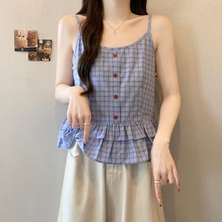 FA56305# 大码套装女miu系春新款蝴蝶结开衫格纹荷叶边吊带上衣两件套 服裝批發女裝批發服飾貨源