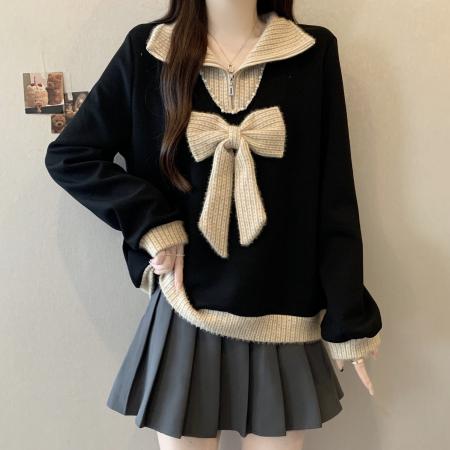 FA56306# 大码时尚大翻领蝴蝶结拼接假两件卫衣女冬新款重工钉珠宽松上衣 服裝批發女裝批發服飾貨源