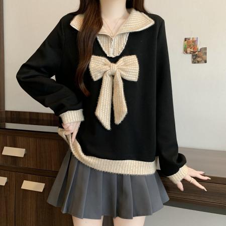 FA56306# 大码时尚大翻领蝴蝶结拼接假两件卫衣女冬新款重工钉珠宽松上衣 服裝批發女裝批發服飾貨源