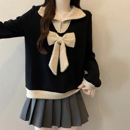 FA56306# 大码时尚大翻领蝴蝶结拼接假两件卫衣女冬新款重工钉珠宽松上衣 服裝批發女裝批發服飾貨源