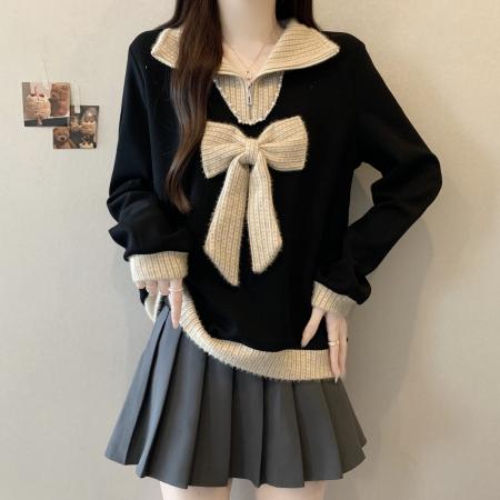 FA56306# 大码时尚大翻领蝴蝶结拼接假两件卫衣女冬新款重工钉珠宽松上衣 服裝批發女裝批發服飾貨源