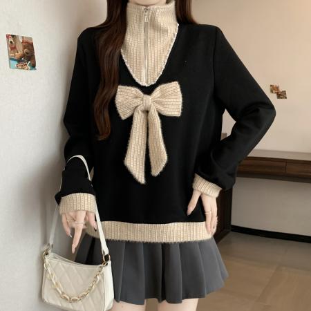 FA56306# 大码时尚大翻领蝴蝶结拼接假两件卫衣女冬新款重工钉珠宽松上衣 服裝批發女裝批發服飾貨源