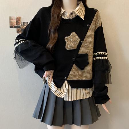 FA56307# 大码胖mm秋冬新款时尚学院风假两件卫衣小香风时尚洋气显瘦上衣女 服裝批發女裝批發服飾貨源