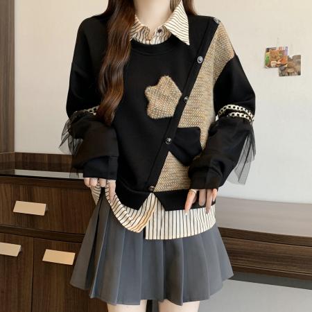 FA56307# 大码胖mm秋冬新款时尚学院风假两件卫衣小香风时尚洋气显瘦上衣女 服裝批發女裝批發服飾貨源