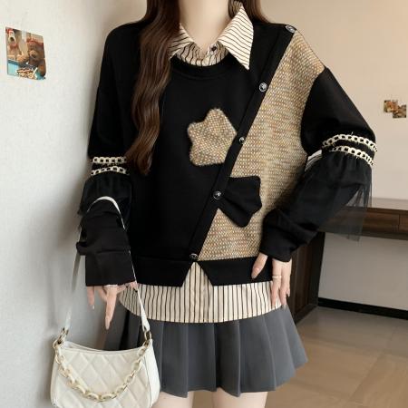 FA56307# 大码胖mm秋冬新款时尚学院风假两件卫衣小香风时尚洋气显瘦上衣女 服裝批發女裝批發服飾貨源