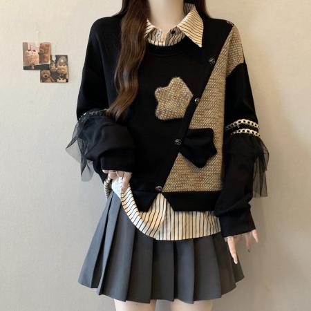 FA56307# 大码胖mm秋冬新款时尚学院风假两件卫衣小香风时尚洋气显瘦上衣女 服裝批發女裝批發服飾貨源