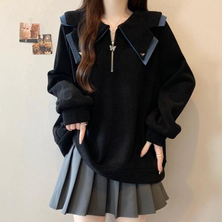 FA56308# 大码女装秋冬季卫衣娃娃领撞色时尚加绒宽松显瘦女装卫衣秋冬季 服裝批發女裝批發服飾貨源