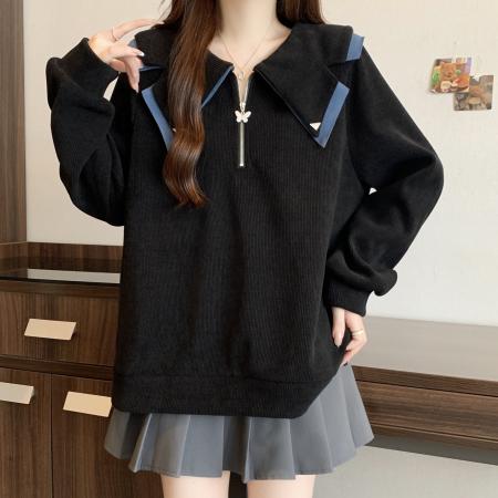 FA56308# 大码女装秋冬季卫衣娃娃领撞色时尚加绒宽松显瘦女装卫衣秋冬季 服裝批發女裝批發服飾貨源