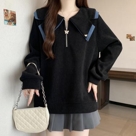 FA56308# 大码女装秋冬季卫衣娃娃领撞色时尚加绒宽松显瘦女装卫衣秋冬季 服裝批發女裝批發服飾貨源