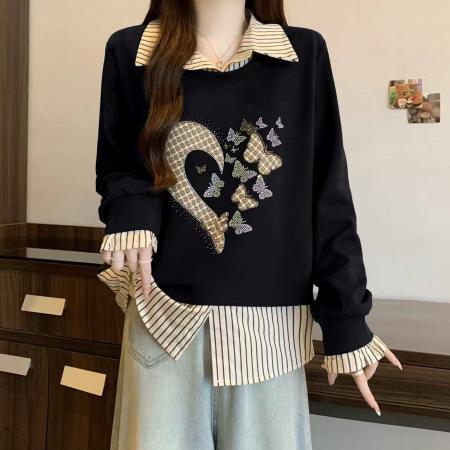 FA56309# 大码秋冬新款时尚高级感假两件重工亮钻减龄显瘦卫衣 服裝批發女裝批發服飾貨源