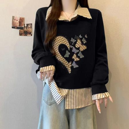 FA56309# 大码秋冬新款时尚高级感假两件重工亮钻减龄显瘦卫衣 服裝批發女裝批發服飾貨源