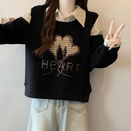 FA56310# 大码新款时尚设计感假两件拼接烫钻爱心显瘦气质百搭长袖卫衣 服裝批發女裝批發服飾貨源