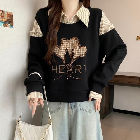 FA56310# 大码新款时尚设计感假两件拼接烫钻爱心显瘦气质百搭长袖卫衣 服裝批發女裝批發服飾貨源