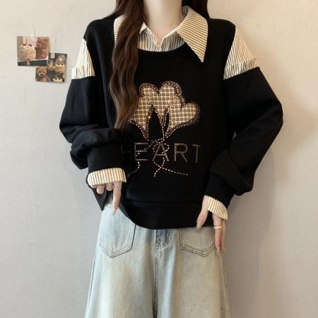 FA56310# 大码新款时尚设计感假两件拼接烫钻爱心显瘦气质百搭长袖卫衣 服裝批發女裝批發服飾貨源