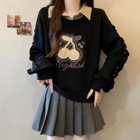 FA56311# 大码新款时尚百搭秋冬季高级感女拼接宽松版卫衣长袖休闲 服裝批發女裝批發服飾貨源