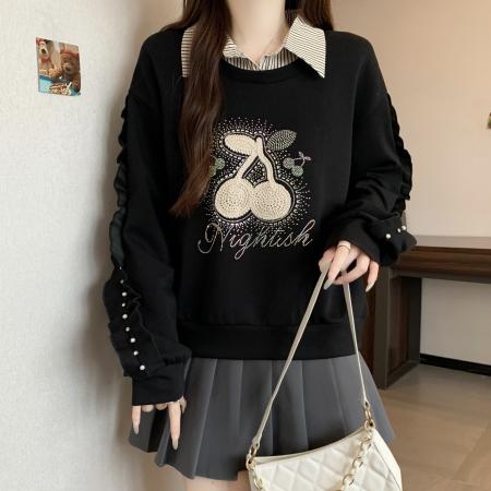 FA56311# 大码新款时尚百搭秋冬季高级感女拼接宽松版卫衣长袖休闲 服裝批發女裝批發服飾貨源