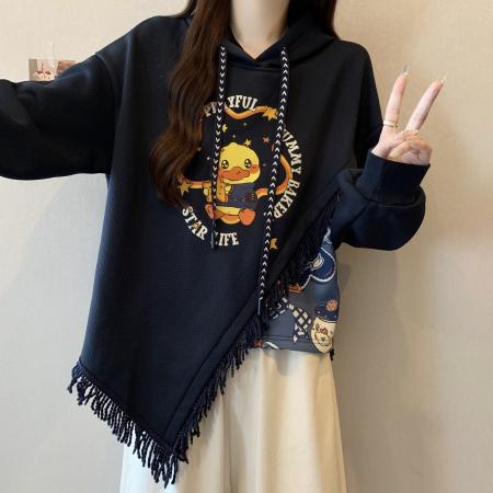 FA56312# 新款大码秋冬加绒加厚学院风复古流苏拼接印花连帽卫衣女 服裝批發女裝批發服飾貨源