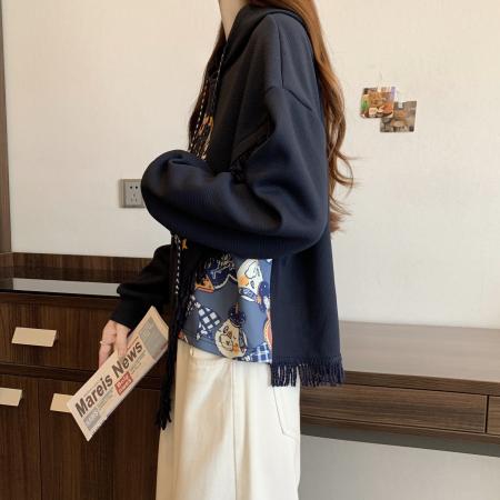 FA56312# 新款大码秋冬加绒加厚学院风复古流苏拼接印花连帽卫衣女 服裝批發女裝批發服飾貨源