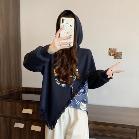 FA56312# 新款大码秋冬加绒加厚学院风复古流苏拼接印花连帽卫衣女 服裝批發女裝批發服飾貨源