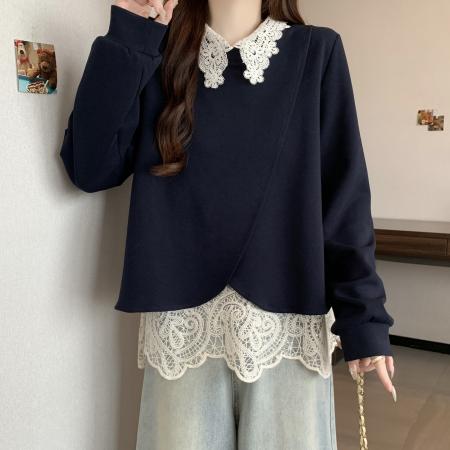 FA56313# 新款秋季大码胖MM娃娃领卫衣假两件大码独特蕾丝拼接卫衣 服裝批發女裝批發服飾貨源