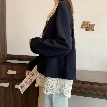 FA56313# 新款秋季大码胖MM娃娃领卫衣假两件大码独特蕾丝拼接卫衣 服裝批發女裝批發服飾貨源