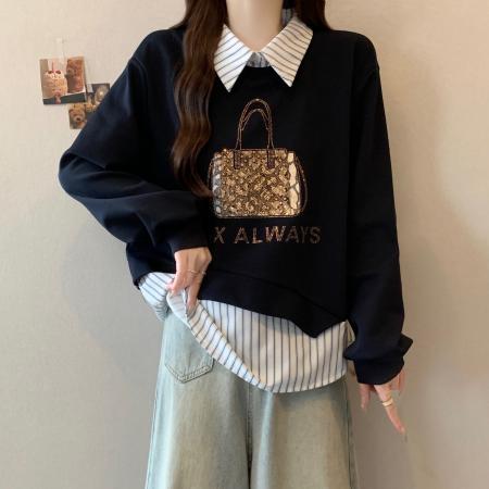 FA56314# 大码时尚新款高级感秋冬女装拼接重工亮钻包包显瘦减龄长袖卫衣 服裝批發女裝批發服飾貨源