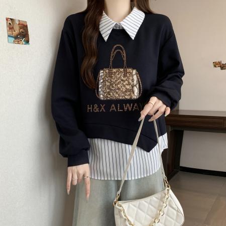 FA56314# 大码时尚新款高级感秋冬女装拼接重工亮钻包包显瘦减龄长袖卫衣 服裝批發女裝批發服飾貨源