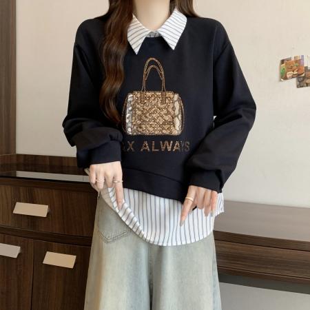 FA56314# 大码时尚新款高级感秋冬女装拼接重工亮钻包包显瘦减龄长袖卫衣 服裝批發女裝批發服飾貨源
