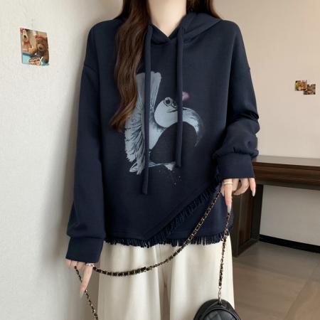 FA56315# 大码女秋冬新款韩版气质高级图案印花连帽流苏长袖上衣卫衣 服裝批發女裝批發服飾貨源