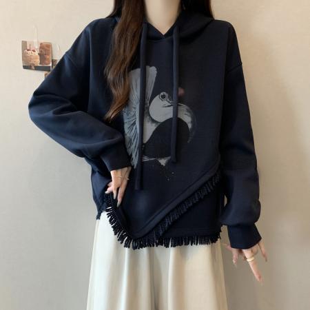FA56315# 大码女秋冬新款韩版气质高级图案印花连帽流苏长袖上衣卫衣 服裝批發女裝批發服飾貨源