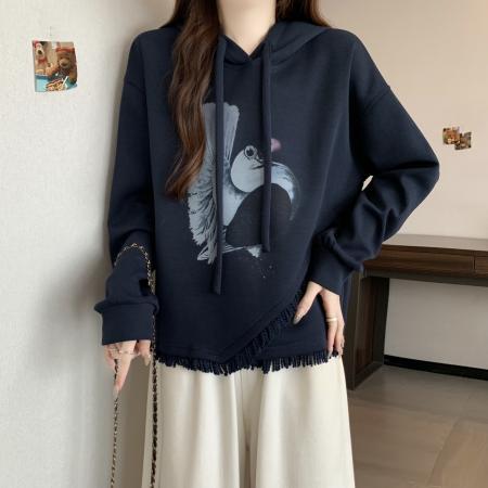 FA56315# 大码女秋冬新款韩版气质高级图案印花连帽流苏长袖上衣卫衣 服裝批發女裝批發服飾貨源