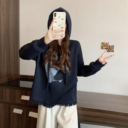 FA56315# 大码女秋冬新款韩版气质高级图案印花连帽流苏长袖上衣卫衣 服裝批發女裝批發服飾貨源