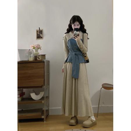 FA56318# 大码女装胖mm新款时尚气质设计感牛仔拼接上衣+半裙裤子套装 服裝批發女裝批發服飾貨源