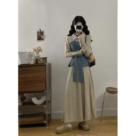 FA56318# 大码女装胖mm新款时尚气质设计感牛仔拼接上衣+半裙裤子套装 服裝批發女裝批發服飾貨源