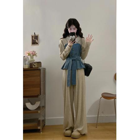 FA56318# 大码女装胖mm新款时尚气质设计感牛仔拼接上衣+半裙裤子套装 服裝批發女裝批發服飾貨源