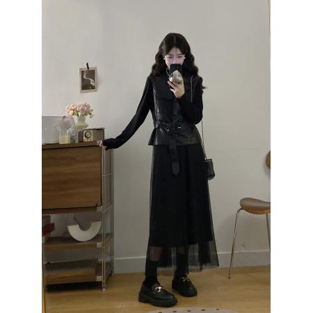 FA56319# 大码女装胖mm秋冬时尚皮马甲收腰显瘦拼接网纱连衣裙两件套 服裝批發女裝批發服飾貨源