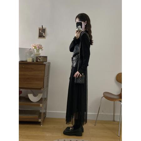 FA56319# 大码女装胖mm秋冬时尚皮马甲收腰显瘦拼接网纱连衣裙两件套 服裝批發女裝批發服飾貨源