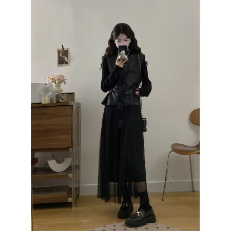 FA56319# 大码女装胖mm秋冬时尚皮马甲收腰显瘦拼接网纱连衣裙两件套 服裝批發女裝批發服飾貨源