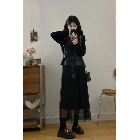 FA56319# 大码女装胖mm秋冬时尚皮马甲收腰显瘦拼接网纱连衣裙两件套 服裝批發女裝批發服飾貨源