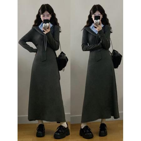 FA56321#大码女装胖mm新款学院灰调领结拼条纹衬衣领连衣裙 服裝批發女裝批發服飾貨源