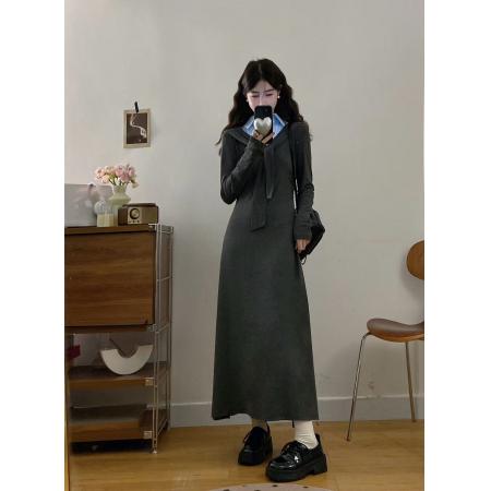 FA56321#大码女装胖mm新款学院灰调领结拼条纹衬衣领连衣裙 服裝批發女裝批發服飾貨源