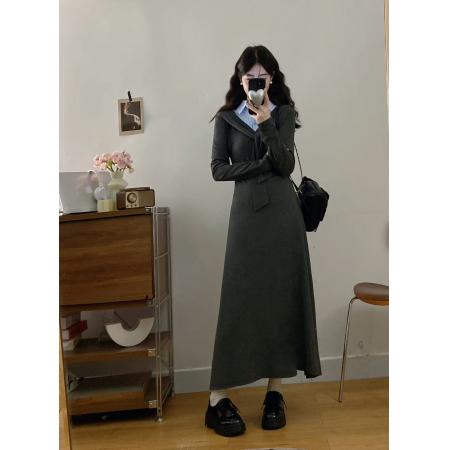 FA56321#大码女装胖mm新款学院灰调领结拼条纹衬衣领连衣裙 服裝批發女裝批發服飾貨源