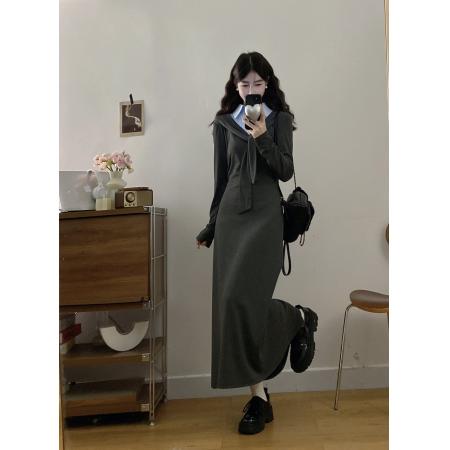 FA56321#大码女装胖mm新款学院灰调领结拼条纹衬衣领连衣裙 服裝批發女裝批發服飾貨源