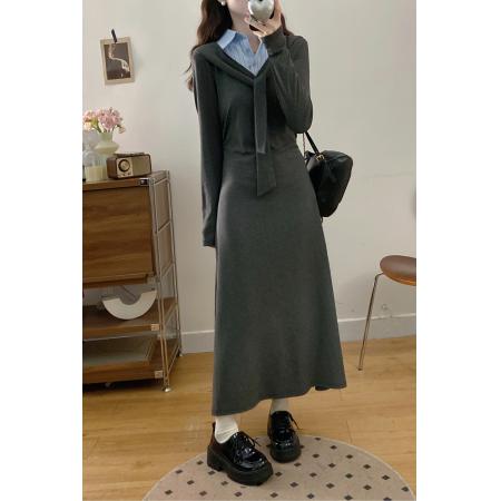 FA56321#大码女装胖mm新款学院灰调领结拼条纹衬衣领连衣裙 服裝批發女裝批發服飾貨源